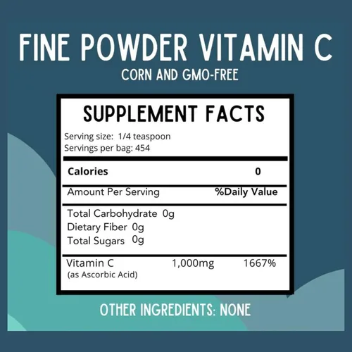 Vista 2 de Vitamina C en polvo fino como ácido ascórbico, puro, sin azúcar ni transgénicos, 1000 mg de vitamina C por porción, 454 porciones por bolsa