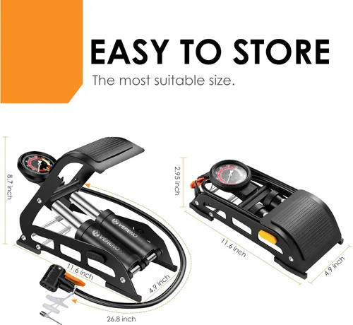 Vista 5 de VERENO Double Barrel Bike Floor Foot Pump,Portable Air Pump Inflator Pump with 160PSI Precision Pressure Gauge Fits Presta Schrader and Deutschland
