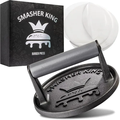 Vista 8 de SMASHER KING™ - Prensa de hamburguesa premium de hierro fundido con 25 piezas de papel para hamburguesas, prensa de hamburguesas para plancha