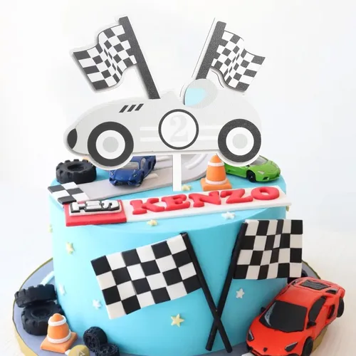 Vista 4 de Decoración para pastel de segundo cumpleaños de madera para bebé, decoración de pastel de cumpleaños de auto de carreras, decoración de pastel de 2