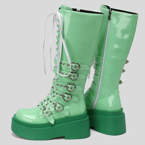 Vista 67 de Parisuit Botas góticas altas hasta la rodilla con hebilla de plataforma para mujer, tacón alto grueso, con cordones, botas de combate punk, con Negro