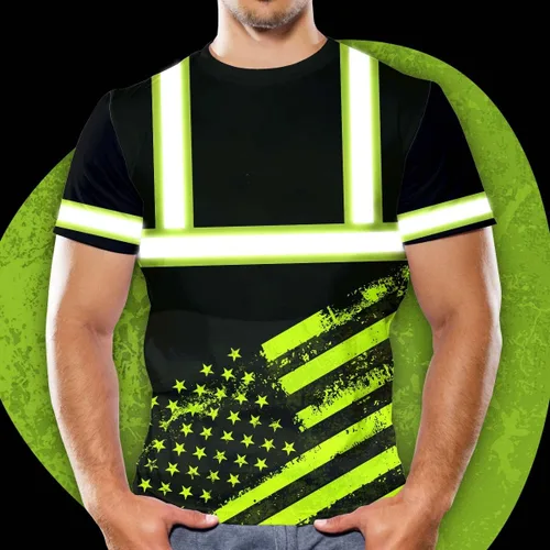 Vista 5 de Camisa de alta visibilidad con bandera de Estados Unidos de color para hombres y mujeres, con nombre personalizado, camisa de seguridad reflectante