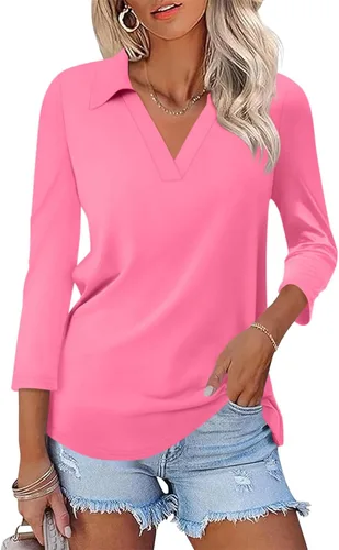 Vista 32 de TICTICMISS - Camisas polo de cuello en V para mujer, manga 3/4, con cuello, tops casuales de negocios, tops de verano a la moda, holgados