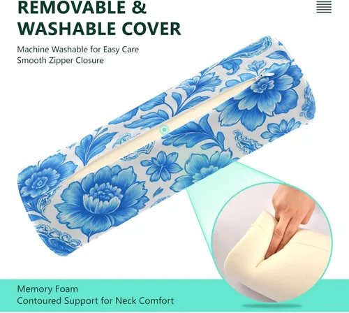 Vista 4 de Blue and White Flower Cervical Roll Pillow, 17" Neck Support Bolster Pillow, Round Pillow for Sleeping Support and Pain Relief, with Removable