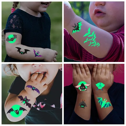 Vista 2 de Awinmay Tatuajes temporales de murciélago luminoso de Halloween para niños, 10 hojas que brillan en la oscuridad, tatuajes con temática