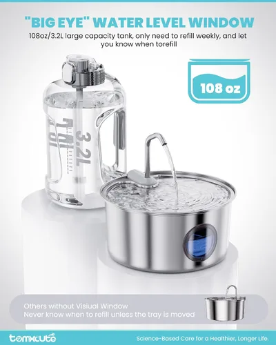 Vista 7 de Tomxcute Fuente de agua para gatos de acero inoxidable, 3.2L/108oz, bomba Plateado
