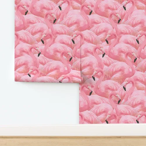 Vista 4 de Papel tapiz para despegar y pegar, flamenco, rosa, pájaros, flamencos, isla de flamencos, verano, retro, extraíble, por Spoonflower