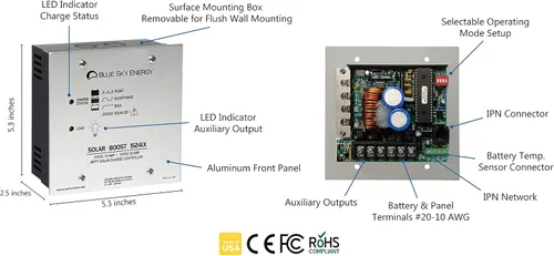 Vista 2 de Solar Boost SB1524iX, controlador de carga MPPT 20A/15A para batería de plomo ácido de 12V/24V con carga de batería dual o salida de carga LVD de 20