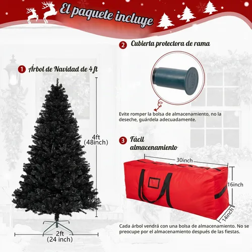 Vista 4 de Árbol de Navidad artificial negro de 4 pies, árbol de Navidad pequeño falso