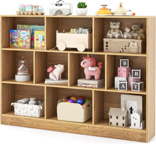 Vista 11 de HONEY JOY Organizador de almacenamiento de juguetes para niños, gabinete de almacenamiento de madera de 7 secciones, baúl de juguetes de guardería