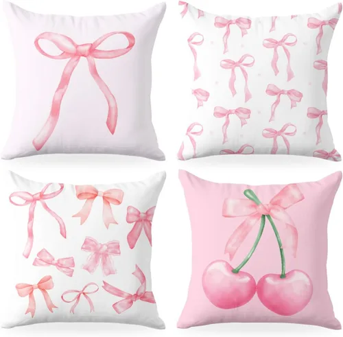 Vista 16 de 2 piezas de fundas de almohada de 18 x 18 pulgadas, fundas de almohada de estilo coqueto, fundas de almohada decorativas con arco rosa, fundas