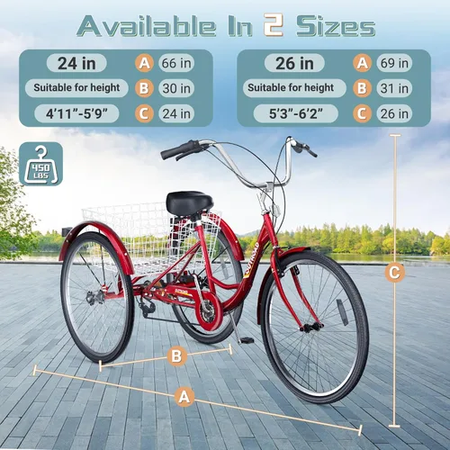 Vista 8 de Triciclo de 7 velocidades para adultos, triciclo Cruiser de 24 pulgadas con cesta grande para mujeres, hombres y personas mayores, bicicleta de 3
