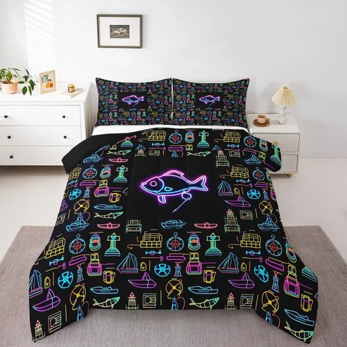 Vista 17 de Erosebridal Juego de ropa de cama de pesca tamaño individual, juego de edredón de peces coloridos para niños, adolescentes, hombres, pescadores