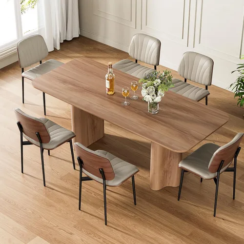 Vista 54 de Juego de 2 sillas de comedor, modernas sillas tapizadas de piel sintética de mediados de siglo con respaldo de nogal y patas de metal, pies