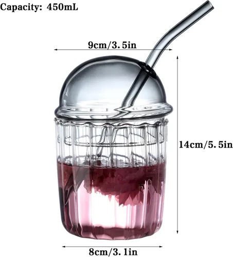 Vista 6 de TITA-DONG Lindos vasos para beber con tapa de cúpula y pajilla, vasos reutilizables de boca ancha para batidos de 15 onzas, vaso de vidrio para café