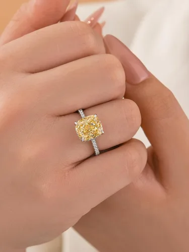 Vista 23 de Anillo de compromiso de corte cojín de 4 quilates para mujer, piedra blanca/amarilla grado 5A, circonita cúbica S925, plata, amarillo/blanco/oro rosa
