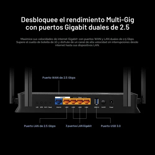 Vista 4 de TP-Link Dual-Band BE3600 Wi-Fi 7 Router Archer BE230 4-Stream Puertos 2×2.5G + 3×1G, USB 3.0, Quad Core de 2.0 GHz, 4 Antenas VPN, EasyMesh