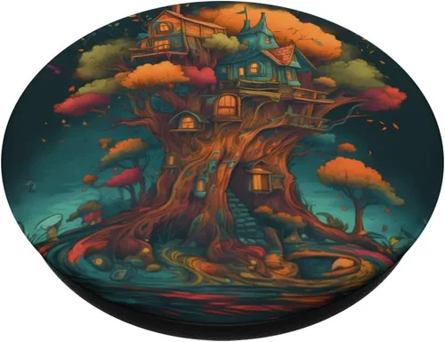 Vista 2 de Una casa del árbol caprichosa ubicada en un bosque colorido. PopSockets Fantasy PopGrip intercambiables