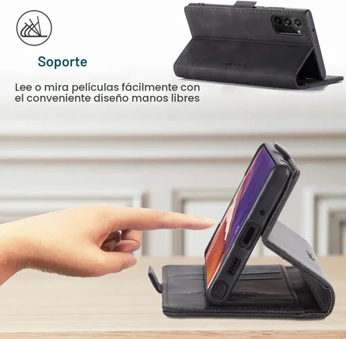 Vista 5 de Funda tipo cartera para Samsung Galaxy Note 20, piel sintética retro, cierre magnético, con ranuras para tarjetas, bolsillos para efectivo con Negro