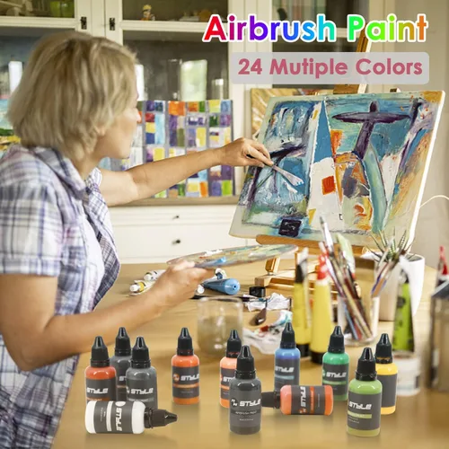 Vista 7 de Pintura para aerógrafo, 24 colores, juego de pintura para aerógrafo de 1 onza líquida, colores opacos y brillantes, kit de pintura acrílica