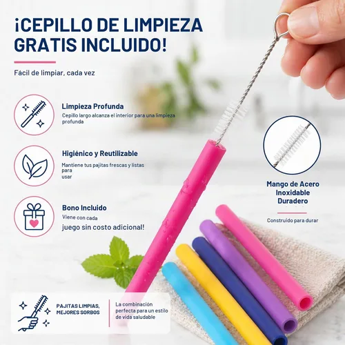 Vista 2 de Juego de 5 pajitas de silicona reutilizables anchas de 10 pulgadas de largo