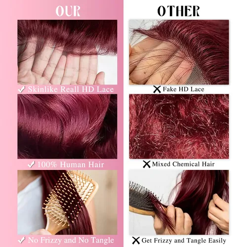 Vista 7 de Pelucas de cabello humano con encaje frontal HD color burdeos de 13 x 6 pulgadas, peluca de encaje frontal de 22 pulgadas, densidad del 180 % Borgoña