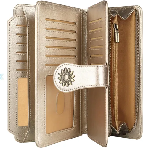 Vista 3 de Lavemi - Cartera de piel con bloqueo RFID para mujer, de gran capacidad, para llevarla a la muñeca