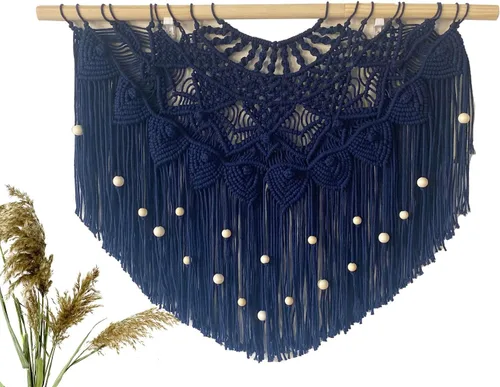 Vista 9 de Youngeast Cortina grande de macramé para colgar en la pared, estilo bohemio, con cuentas para ventana, macramé, cabecero, sala de estar, decoración
