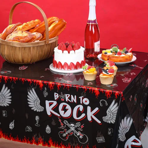 Vista 5 de Tiamon 3 manteles de fiesta de rock roll de los años 50, suministros de decoración de fiesta de guitarra de estrella de los años 50, manteles