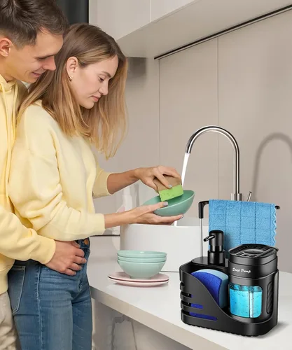 Vista 4 de Set de dispensador de jabón de cocina, dispensador doble de jabón para manos y platos 4-en-1 con soporte de esponja y soporte de paño para fregadero