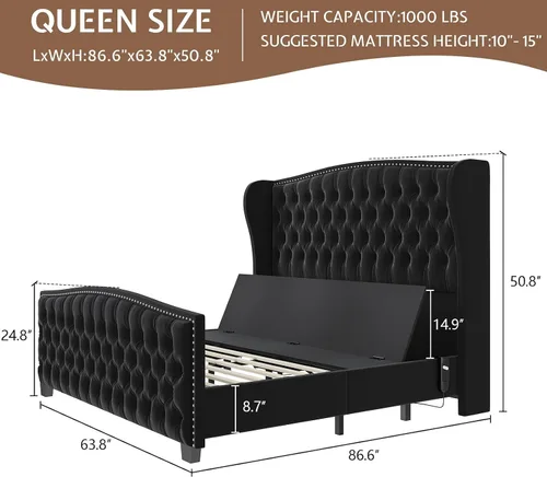Vista 2 de LUXOAK Base de cama ajustable tamaño Queen con cabecero copetudo y respaldo de ala, base de cama ajustable inteligente con doble motor y control