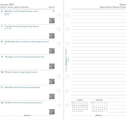Vista 4 de Filofax Calendario de recambio de diario, tamaño personal/compacto, semana en una página con notas, libro blanco, multilingüe: cinco idiomas, 2025