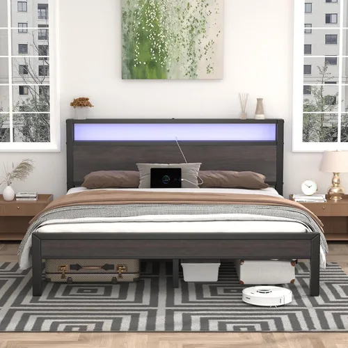 Vista 12 de LoVinson Full Size Bed Frame with Charging Station and LED Light, Metal Platform Bed with Storage Headboard, Noise Free, No Box Spring Needed, Easy