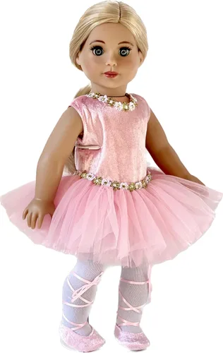 Vista 5 de Prima Bailarina - Traje de bailarina de 3 piezas para muñecas de 18 pulgadas, leotardo rosa con tutú, medias blancas y zapatos de ballet