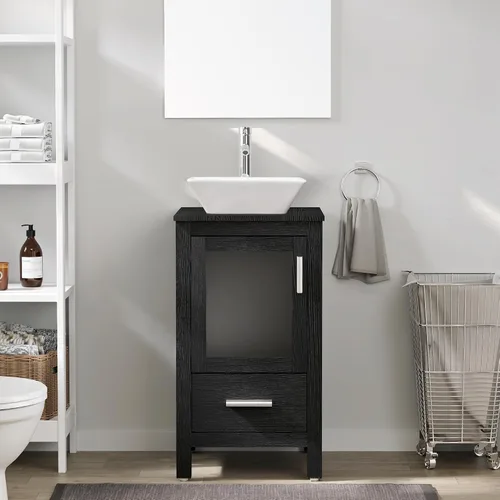 Vista 23 de eclife Armario de tocador de baño moderno de 18 pulgadas con lavabo Redondel negro