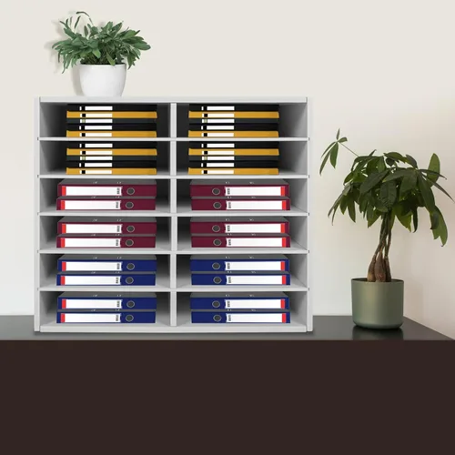 Vista 4 de Organizador de literatura de escritorio con 12 compartimentos, clasificador de archivos ajustable, centro de correo, soporte para revistas, gabinete
