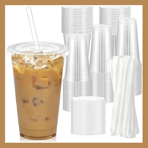 Vista 10 de Plastic Clear Cups [12 oz] with Lids and Straws [10 Set] Disposable Cold Beverage Drinking Iced Coffee Water Juice Tea Party Travel Cafe School