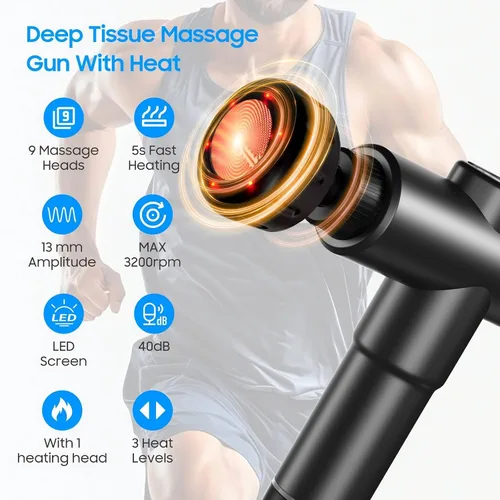 Vista 6 de Pistola de masaje – Masajeador muscular de tejido profundo para alivio del dolor y recuperación, pistola de masaje con calor, 9 cabezales de masaje