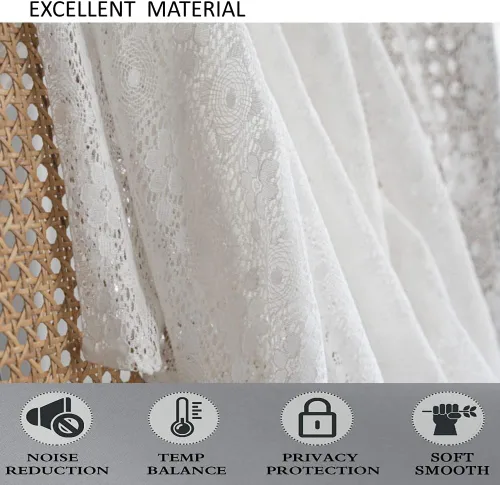 Vista 4 de AMZALI Cortinas bohemias de encaje floral de ganchillo semiopacas con bolsillo para barra, cortinas de granja para sala de estar y dormitorio, 2