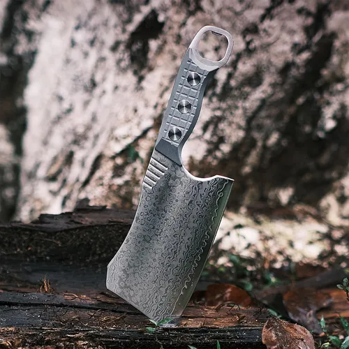 Vista 3 de Cuchillo de carnicero, cuchillo de chef de 6 pulgadas con funda, cuchillo de carnicero de espiga completa con mango verde G10, acero de damasco