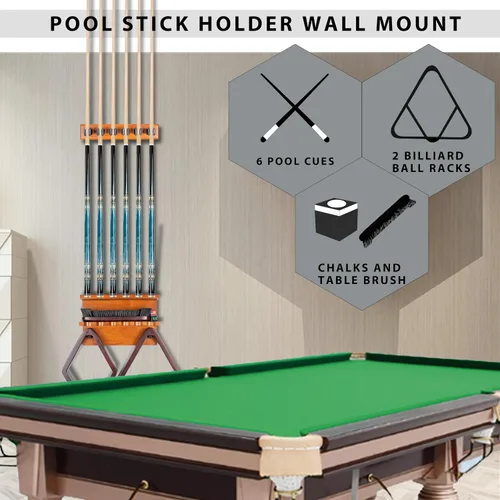 Vista 3 de Billmart Soporte de pared para palos de billar, soporte para tacos de billar para 6 palitos de almacenamiento de accesorios de mesa de billar