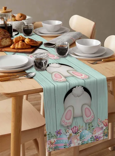Vista 6 de Camino de mesa de Pascua de primavera de 36 pulgadas de largo, bufandas de vestido de granja, huevos coloridos de conejo, madera verde, mesa de Cola