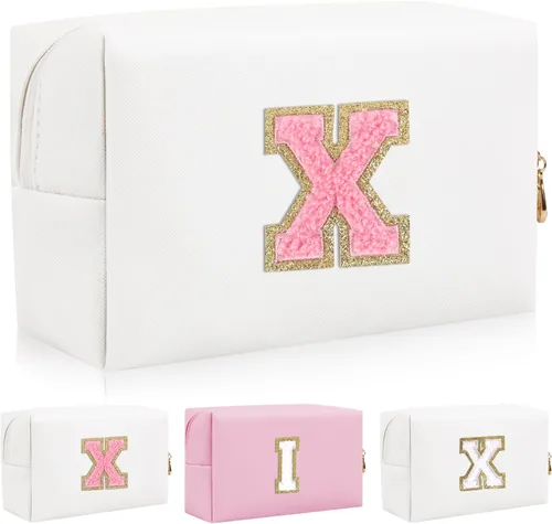 Vista 41 de Bolsa de maquillaje con parche de letra inicial personalizada, bolsa de cosméticos de chenilla preppy con letra de chenilla con cremallera, Y