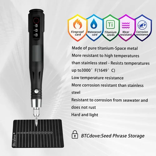 Vista 6 de Titanio Crypto Seed Phrase Card, Heavy Duty Seed Phrase Storage Wallet, Negro -, 4 unidades. y pluma de grabado eléctrica