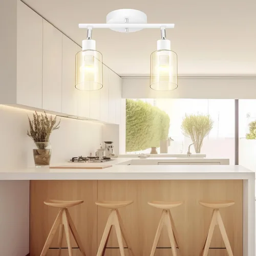 Vista 9 de BoostArea Lámparas de baño de 2 luces, modernas luces blancas de pared con pantalla de vidrio transparente, luz de techo flexible para espejo