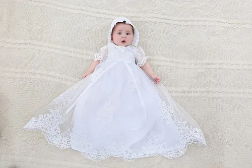 Vista 5 de Bautizo delicado vestido bordado con capó para niñas de 0 a 15 meses