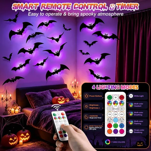 Vista 5 de LUDILO 48P Bats Halloween Decorations + 12P Rechargeable Lights with Remote