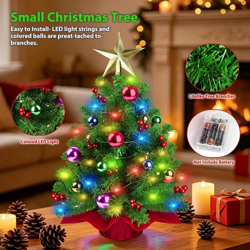 Vista 7 de Small Christmas Tree, 22 in Mini Tabletop Christmas Tree with Colored Ornaments Ball, Star Treetop, Red Berries and Cloth Bag Base,Artificial Xmas