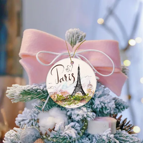 Vista 4 de Adornos de Navidad, adornos colgantes de Navidad de cerámica, impresión a doble cara, pintura de París