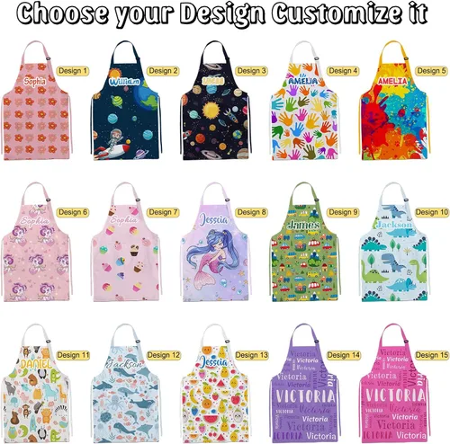 Vista 3 de Delantal personalizado para niños con nombre, juego de sombrero de chef personalizado, delantales personalizados, regalos para niños y niñas